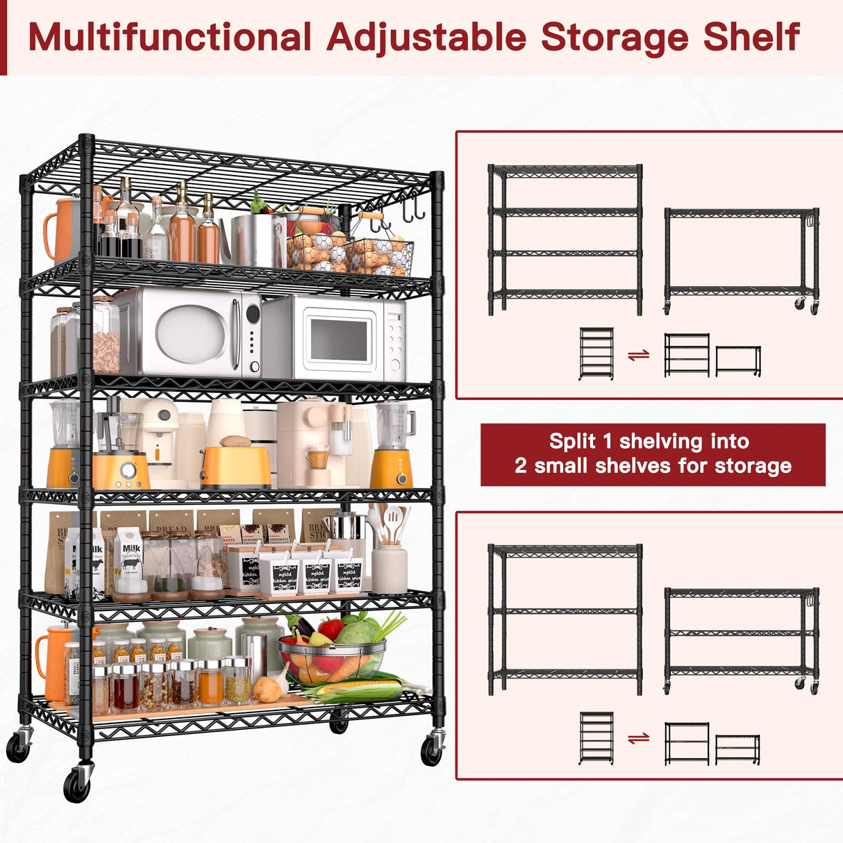 PrimeZone 6 Tier Wire Shelving with Wheels 78''H 1500lbs Storage Shelves NSF Certified Heavy Duty Steel Metal Shelf Adjustable Rolling Rack Kitchen Garage Closet Pantry Laundry 78''HX36''WX18''D 2Pcs PrimeZone