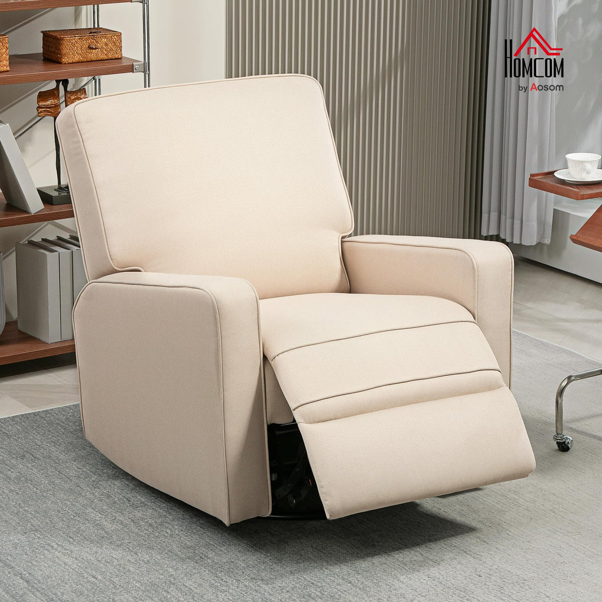 HOMCOM Manual Recliner Chair for Adults, Breathable Fabric Swivel Rocker Recliner with Thick Cushion and Footrest, Adjustable Single Sofa for Living Room, Beige HOMCOM