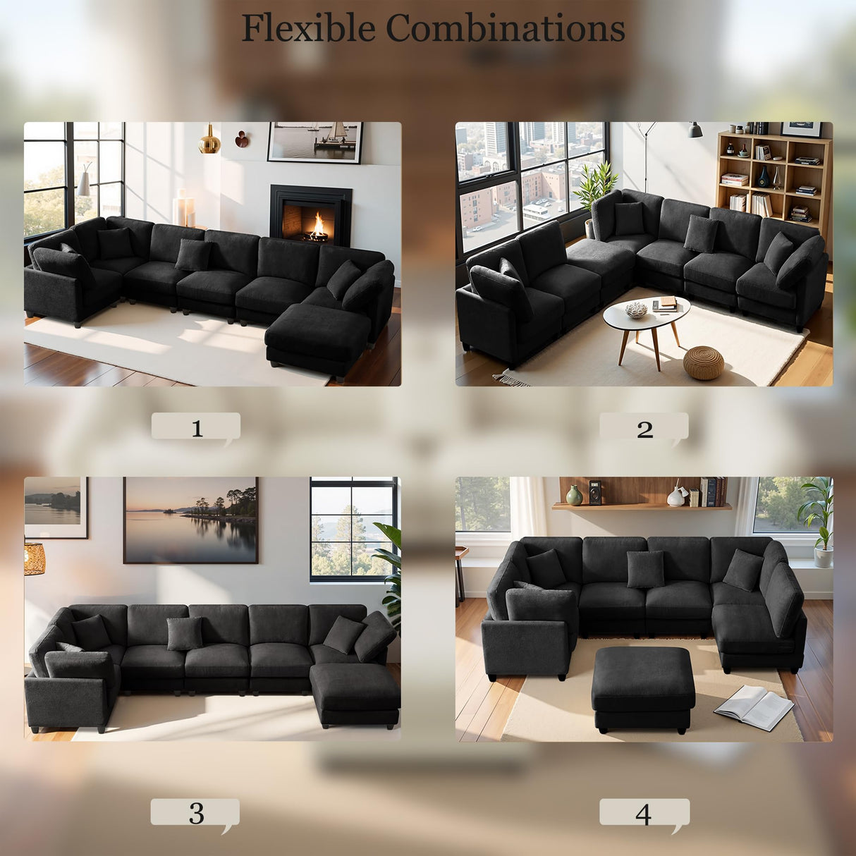 117" Modular Sectional Sofa,U-Shaped Chenille Sofa Couch with Movable Ottoman,Modern 7 Seat Cloud Sectional Couches for Living Room Office Home (Black, 117" U-7 Seater) Anwick