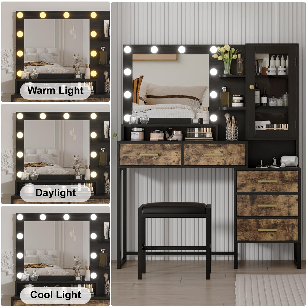 Makeup Vanity with Lights in 3 Colors, Vanity Table with Charging Station of 2 USB Ports and Outlets, Vanity Desk with Large Mirror, Drawers and Shelves, Rustic Brown and Black Knowfunn