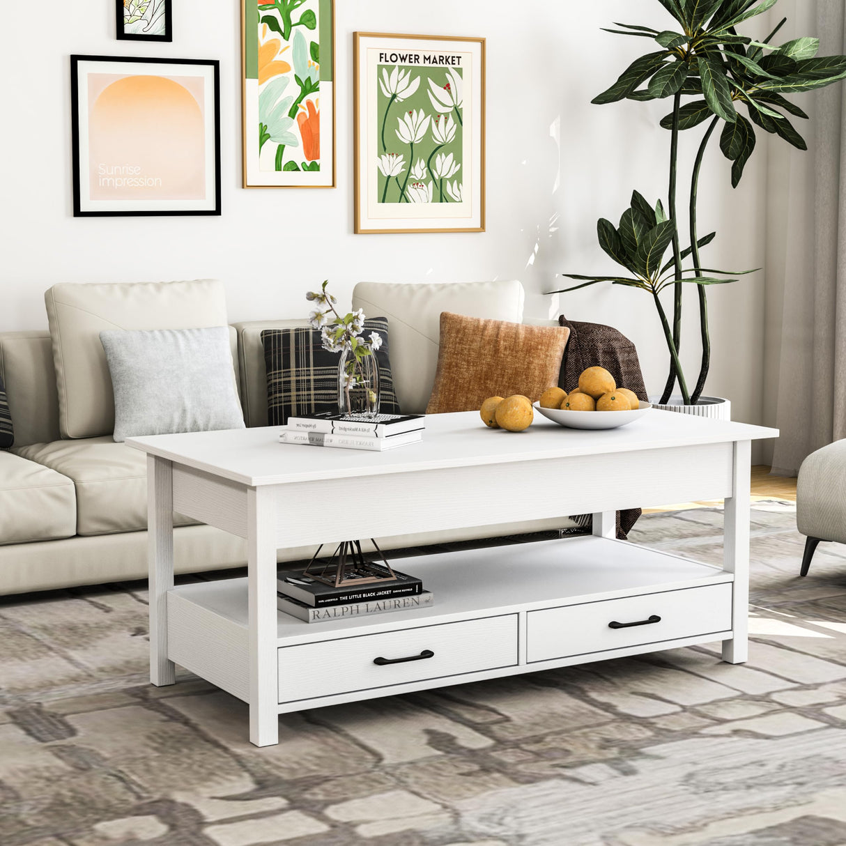 Panana Coffee Table, Lift Top Coffee Table with Hidden Compartment, 2 Drawers and 1 Open Shelf, Retro Central Wooden Table Lift Tabletop for Living Room (White) Panana