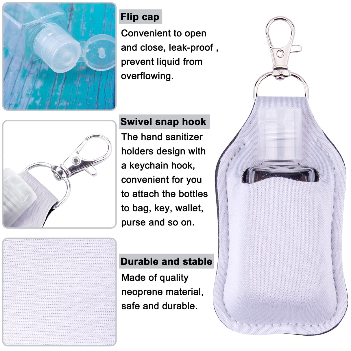 Duufin 40 Pieces Hand Sanitizer Holder Empty Travel Bottle Set Including 20 Pieces Hand Sanitizer Keychain Holders and 20 Pieces Reusable Flip Cap Travel Bottles for Hand Sanitizer, White Duufin