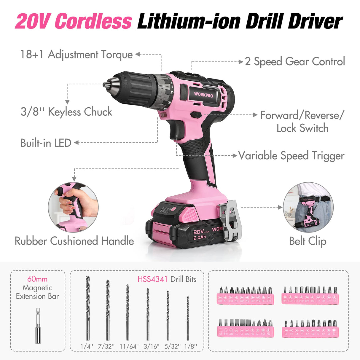 WORKPRO Pink Drill Set with UPGRADED Tool Bag, 157PCS Tool Kit For Home with 20V Cordless Drill Driver, Household Pink Tool Set including Screwdriver, Hammer, Tool Kit for Women and Men-Pink Ribbon WORKPRO