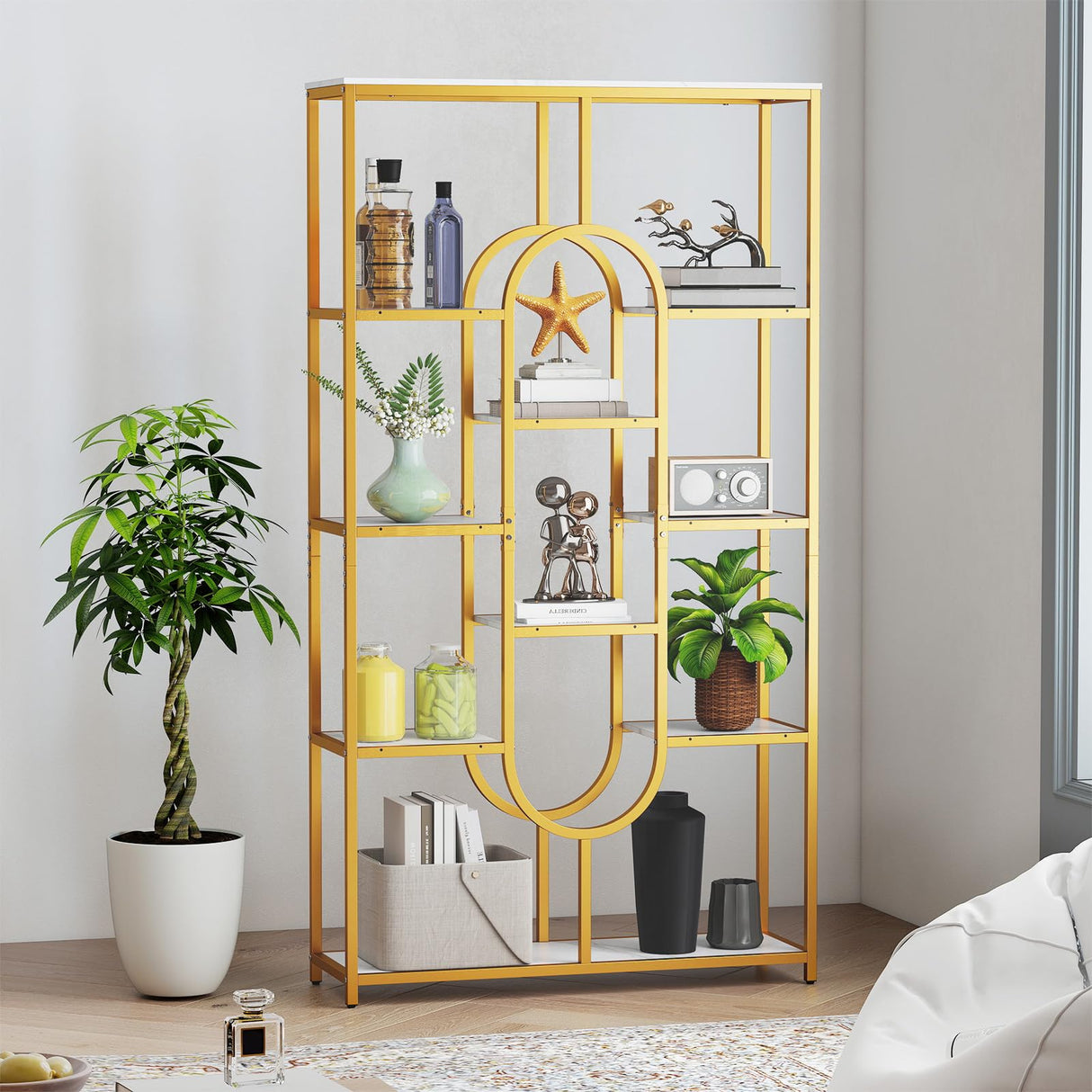Giantex 5-Tier Bookshelf, 69" Tall Geometric Bookcase w/ 10 Open Shelves, Oval Shape, Modern Gold Display Shelf w/Metal Frame, Freestanding Storage Organizer for Living Room, Office Giantex