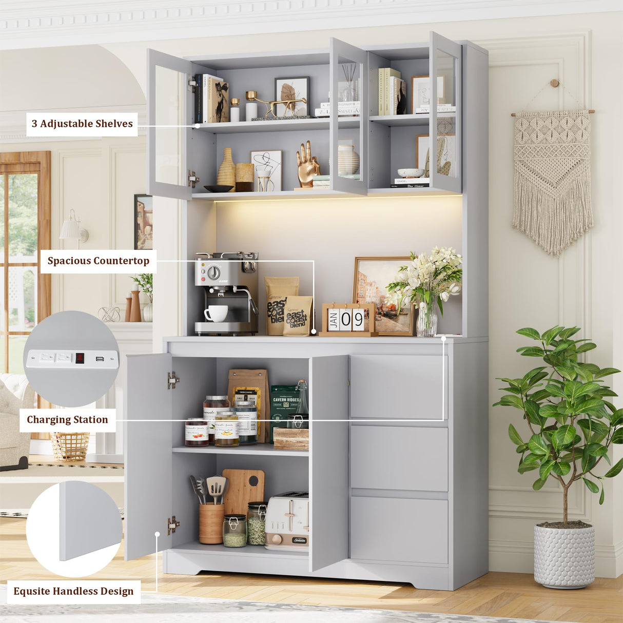 FINETONES 71" Kitchen Pantry Cabinet with LED Lights and Charging Station, Modern Kitchen Hutch Cabinets with Storage and Microwave Stand, Pantry Cabinets Buffet Cabinet with Countertop, Grey FINETONES
