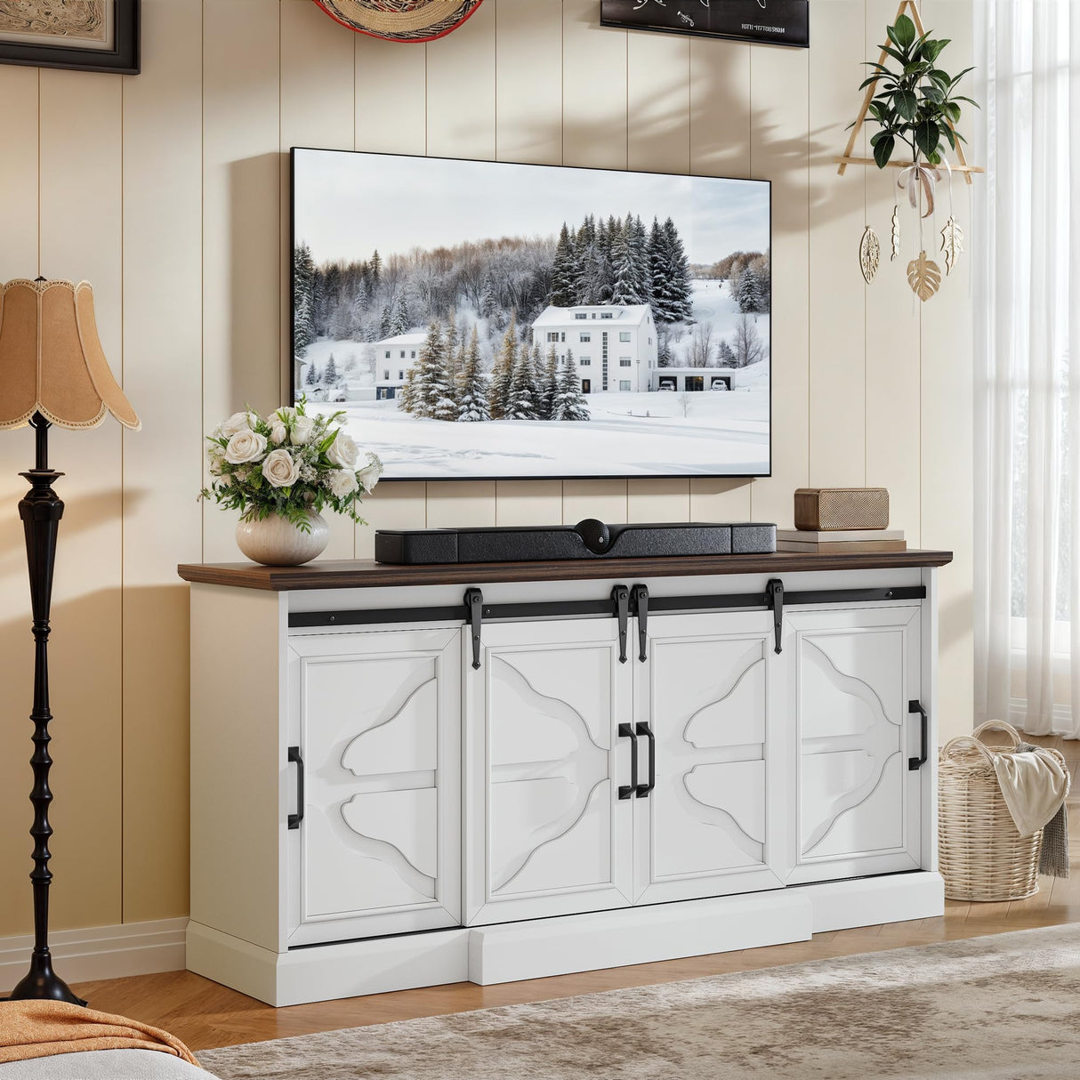 DWVO 63'' Buffet Storage Cabinet, 32'' Tall Farmhouse Sideboard Cabinet with Power Outlets and Sliding Doors, Large Coffee Bar Cabinets for Kitchen, Living Room, White/Brown DWVO