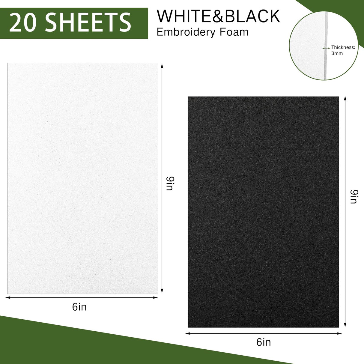 Innconee 20 Pcs 3mm Embroidery Foam EVA Foam Sheets for 3D Embroidery Arts and Crafts, DIY Projects, Hand Sewing, Quilting, Hats, Cosplay Costumes, Pillows(White, Black,6 x 9 Inch) Innconee