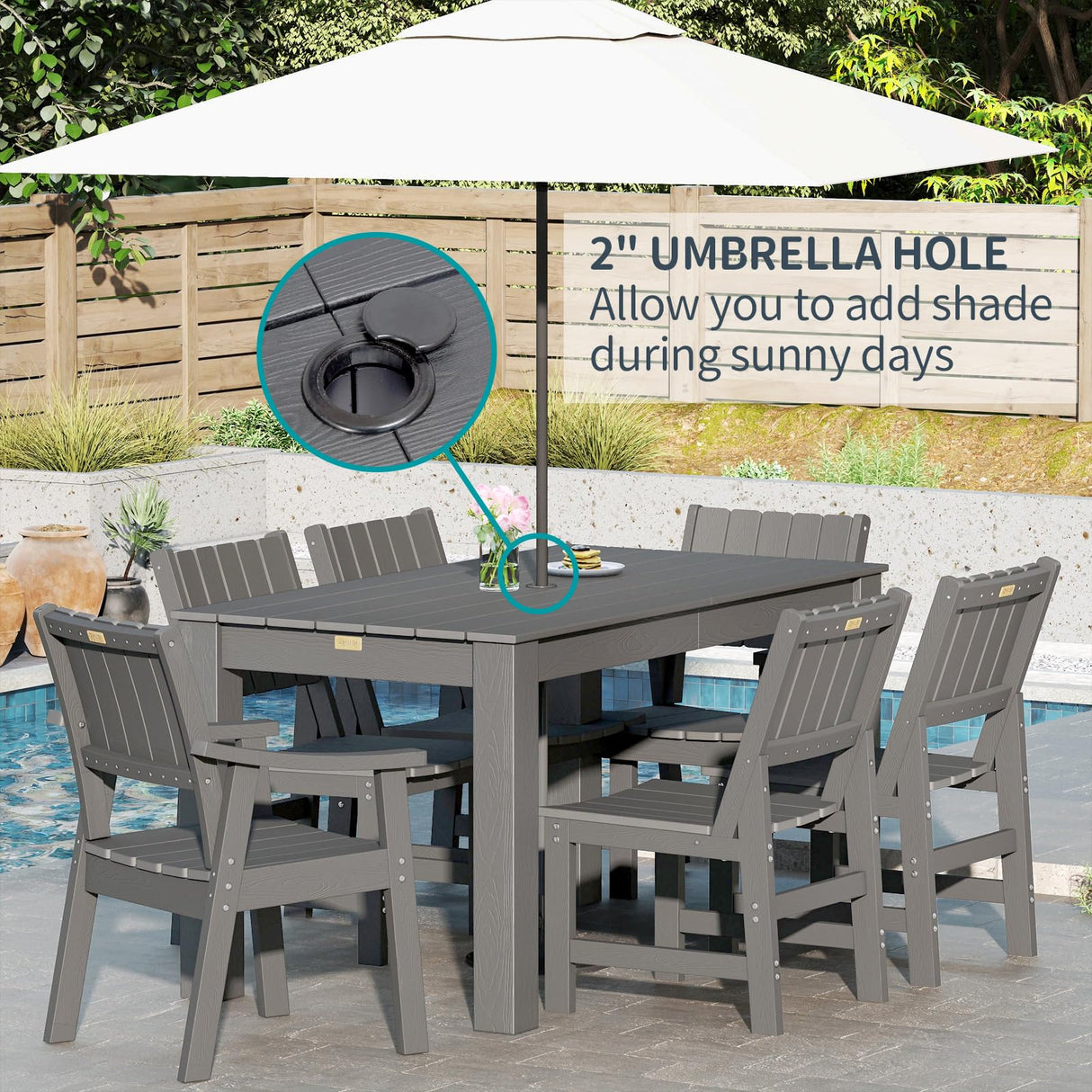 ZHUSI Patio Table and Chairs Set,HDPE Outdoor Dining Set with Umbrella Hole for Backyard, Poolside, Porch,All Weather,Grey ZHUSI