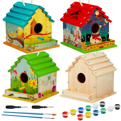 Juexica 4 Set DIY Birdhouse Kit Unfinished Bird House Painting Crafts for Kids with Paints and Paintbrushes Welcome Spring Gifts Outdoor Summer Crafts for Boy or Girl Ages 4-8