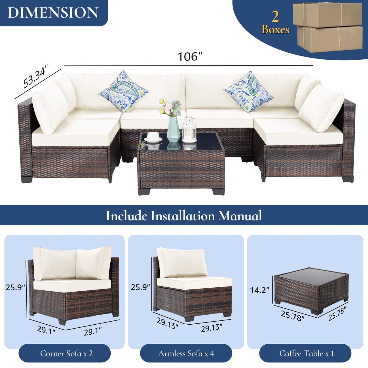 FHFO 7 Piece Outdoor Wicker Patio Furniture Set, Rattan Sectional Sofa Couch, Patio Conversation Set with Cushion & Coffee Table, for Backyard Poolside Porch Garden, Brown-Beige FHFO