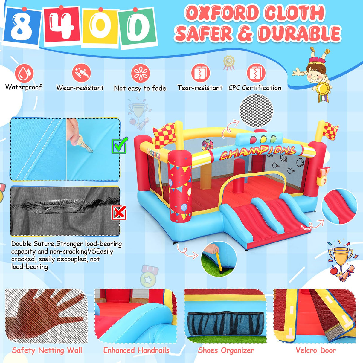 WHUBEFY Bounce House, Large Inflatable Obstacle Bouncy House with Big Jumping Area for Kids 3-12, Double Basketball Hoops & Bouncer Slides, Ball Pits, Throw Ball Game, Jump House 550W Blower Included Whubefy