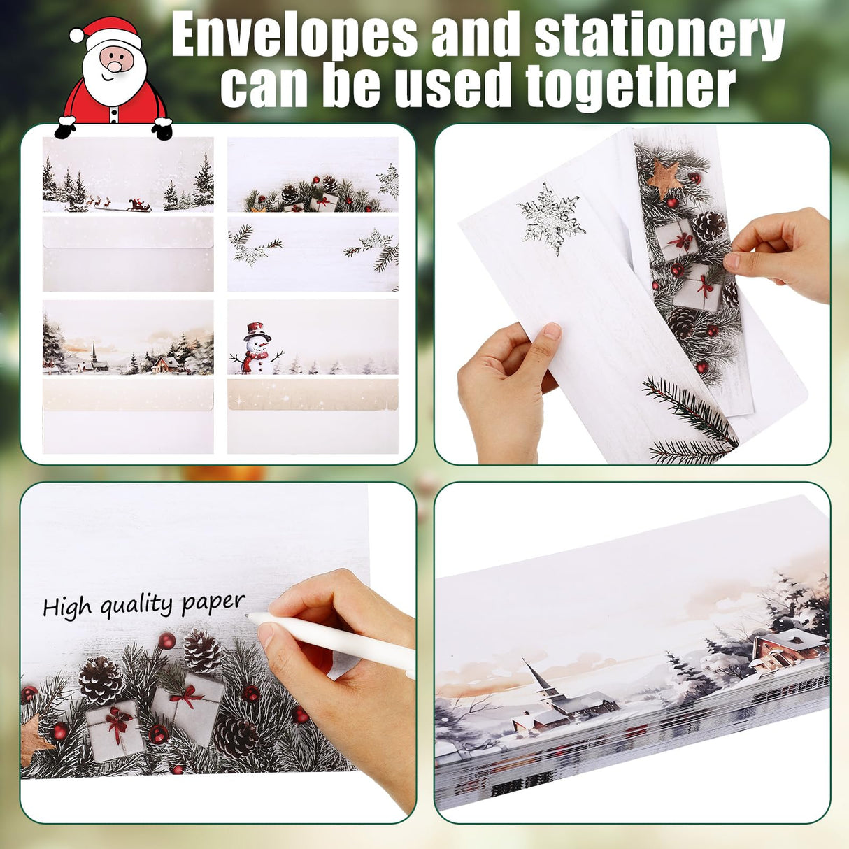 Watersay 50 Sets Christmas Stationery Paper with Envelopes 8.5" x 11" Santa Reindeer Pine Snowman Holiday Letterhead Printer Paper Winter Holiday Envelopes for Writing Letter Greeting Cards Invitation Watersay
