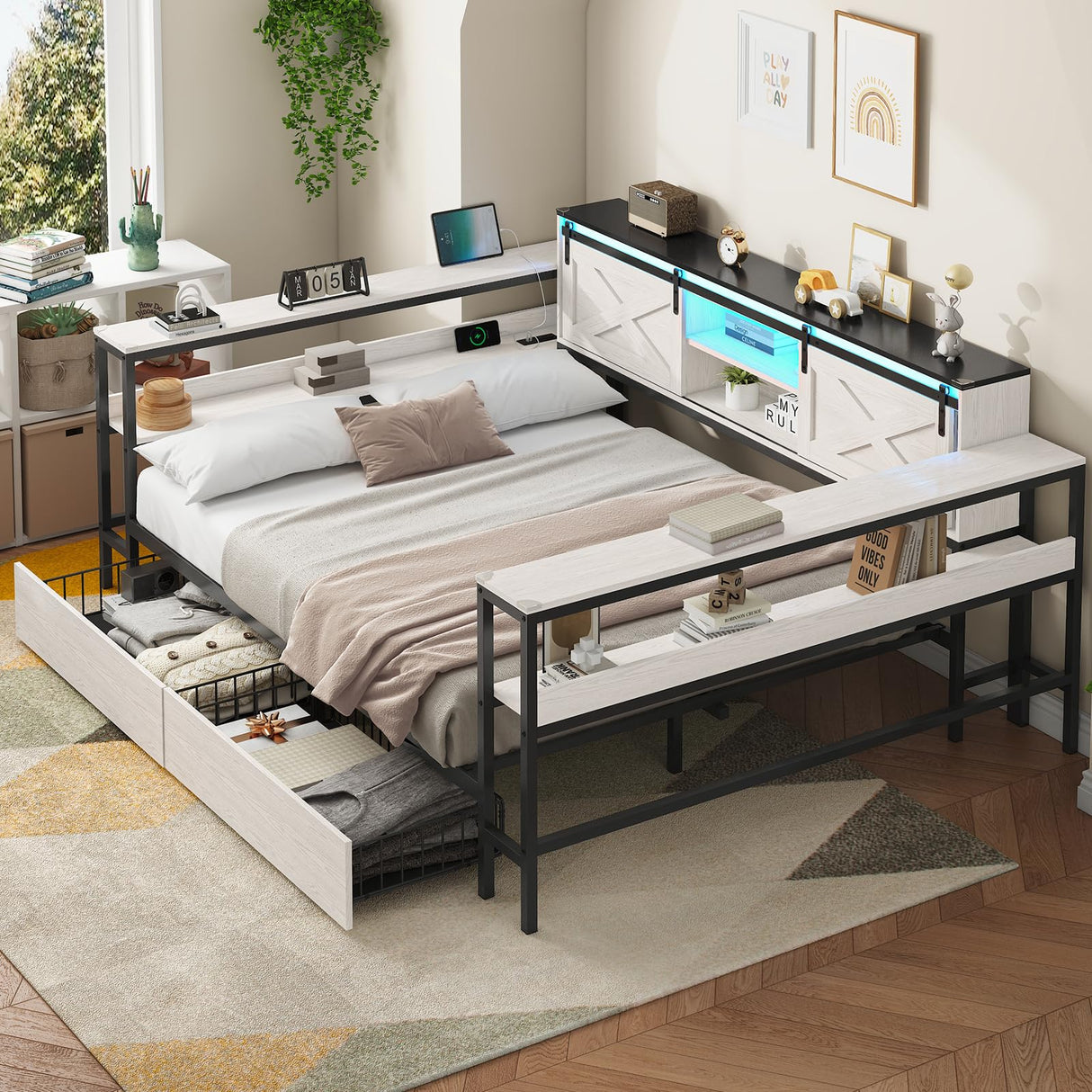 Hasuit Full Corner Bed with Drawers and Bookcase Storage Shelves, Full Daybed with Charging Station & LED Light, Farmhouse Wooden Bed Frame with Sliding Barn Doors, No Box Spring Needed, Black & White Hasuit
