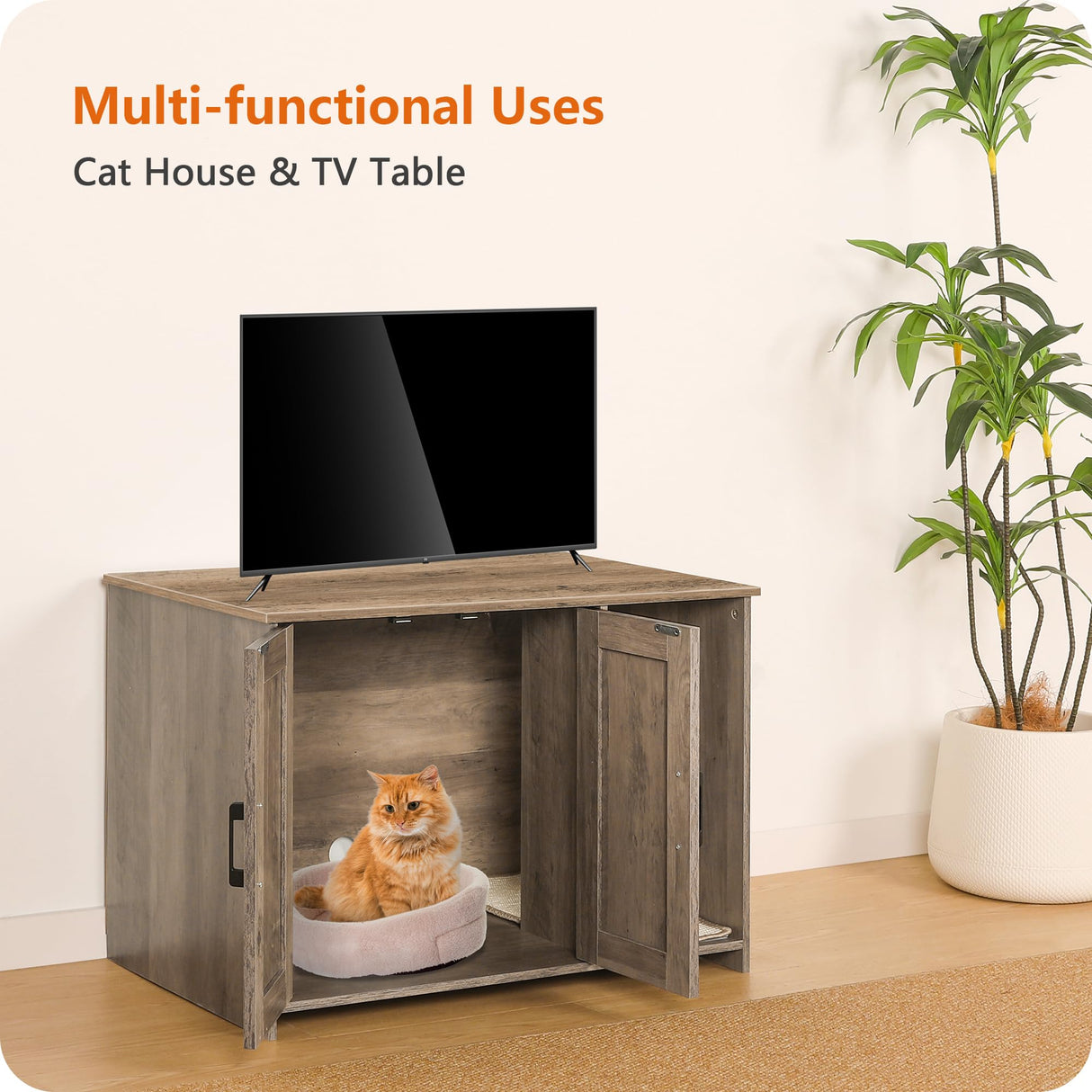 DWANTON Litter Box Enclosure, Cat Litter Box Furniture Hidden, with Scratching Mat, Wooden Cat Washroom Indoor, 31.5" L x 19.7" W x 21.7" H, Greige Dwanton