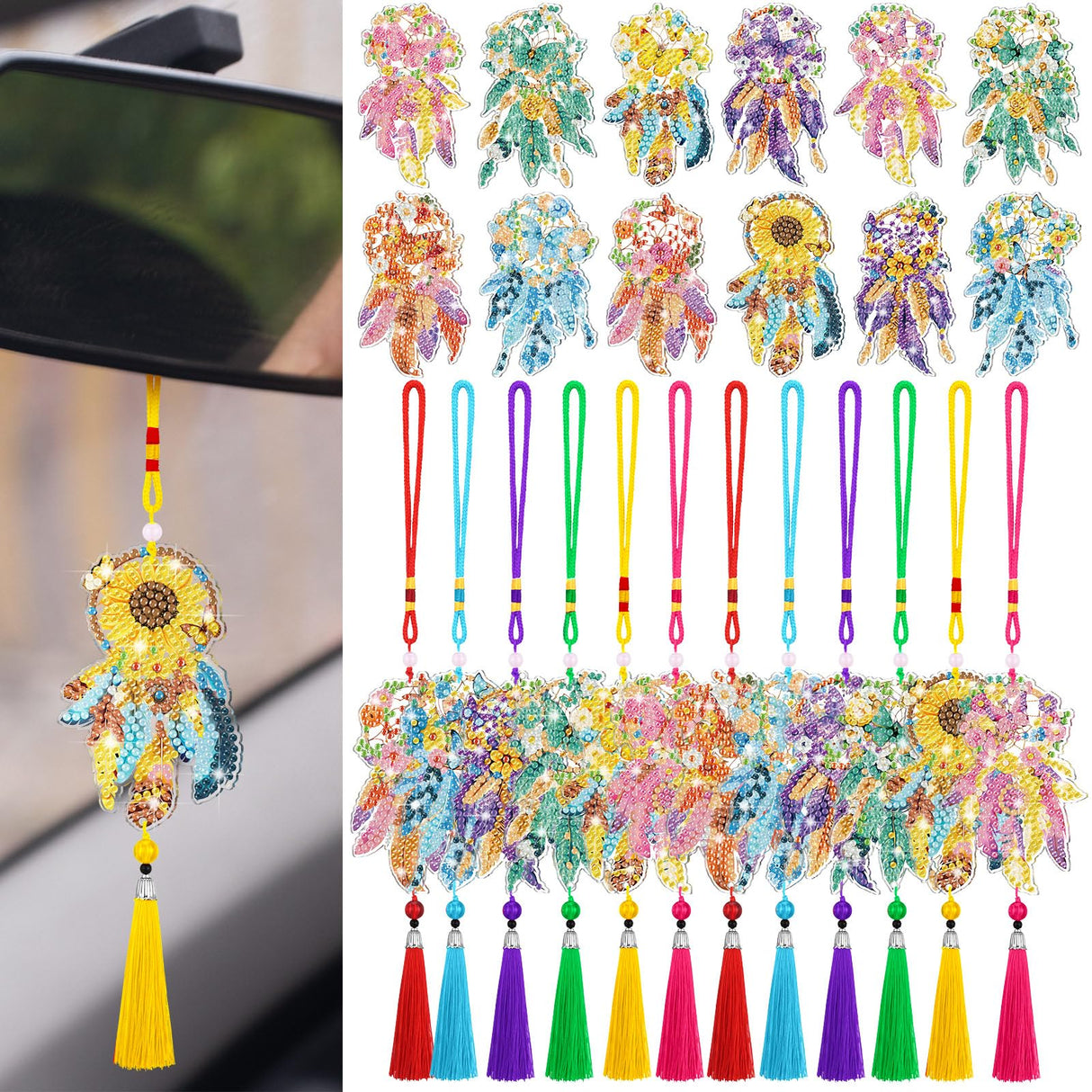 JenPen 12 Pcs Diamond Painting Car Ornaments Diamond Art Ornament for Car Double Sided Painting Hanging Ornament Crystal Gem Garden Decoration Paint DIY Kit(Dream Catcher) JenPen