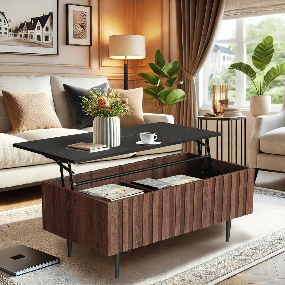 GIA Home Furniture Series 40" Lift-Top Coffee Table with Hidden Storage Compartments, Fluted Coffee Center Table for Living Room, Home Office, Black Marble Walnut GIA