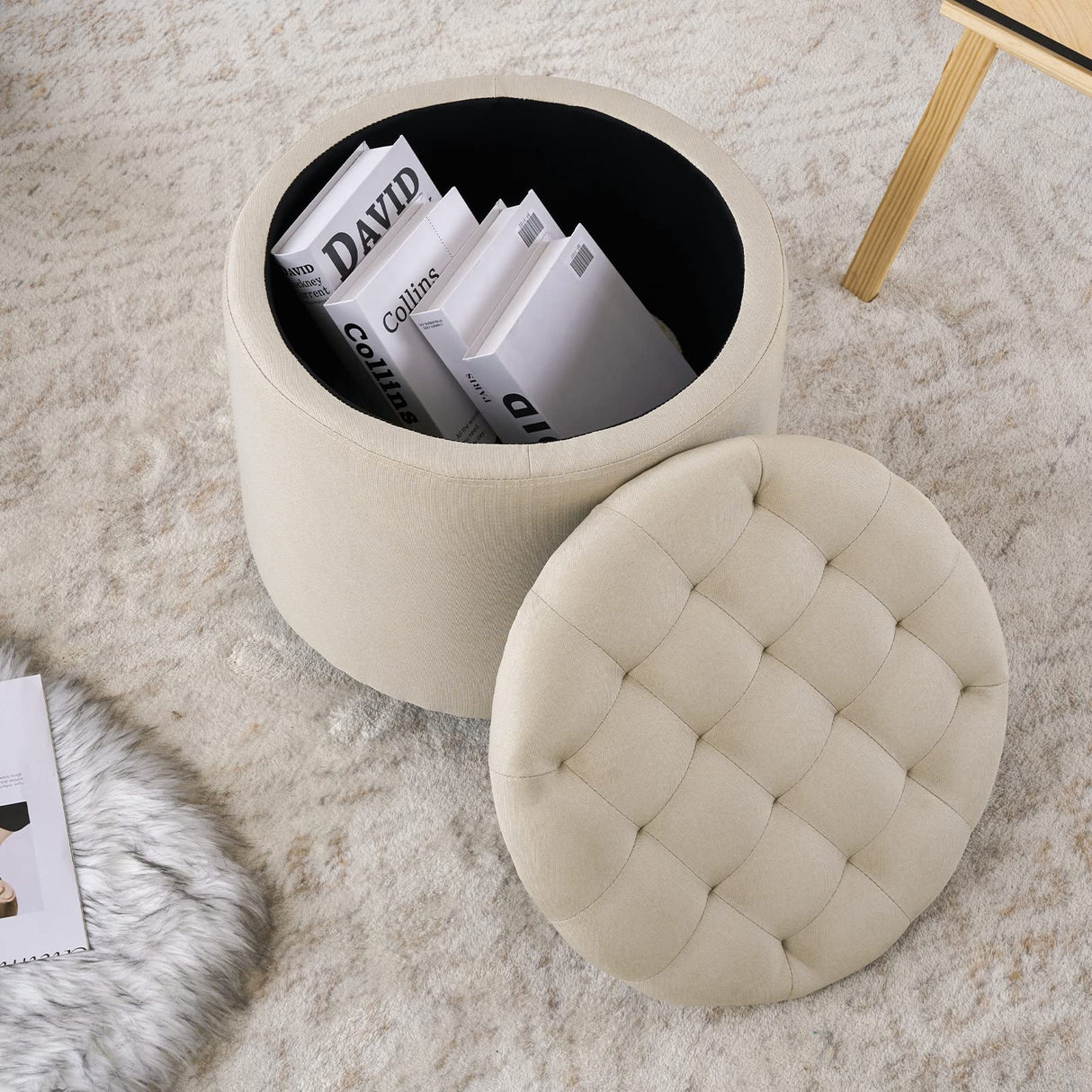 Furniliving Modern Round Storage Ottoman,Button Tufted Ottoman Foot Stools Ottoman Footstool with Removable Lid Storage Ottoman for Living Room, Bedroom, Makeup Room,Beige Furniliving