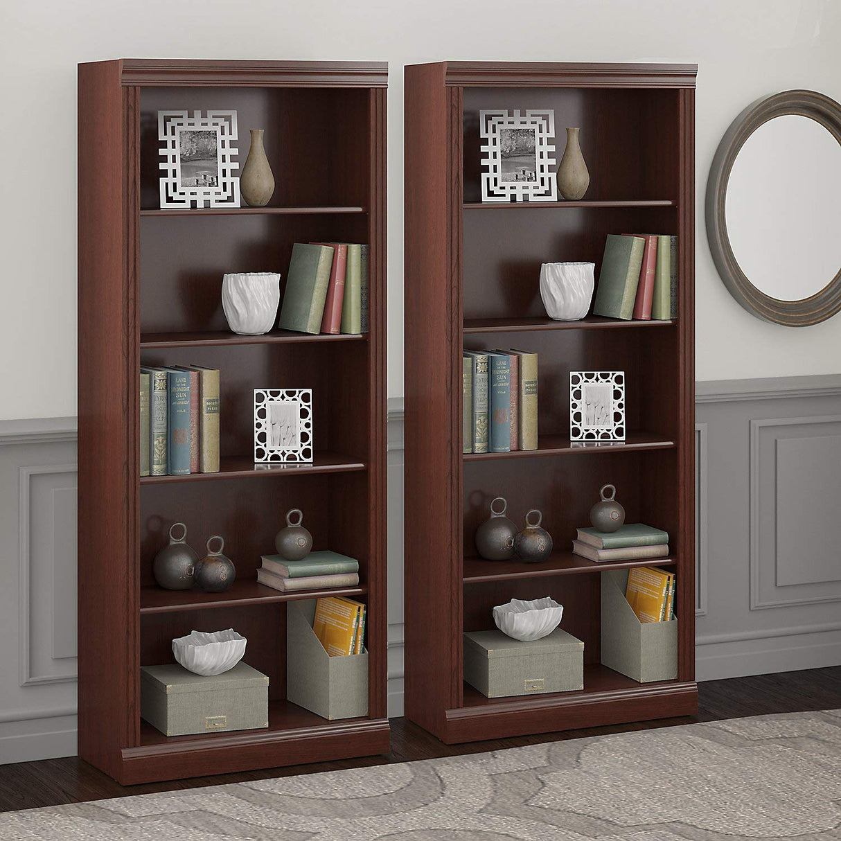 Saratoga Tall 5 Shelf Bookcase Set of 2 in Harvest Cherry by Bush Business Furniture Bush Business Furniture