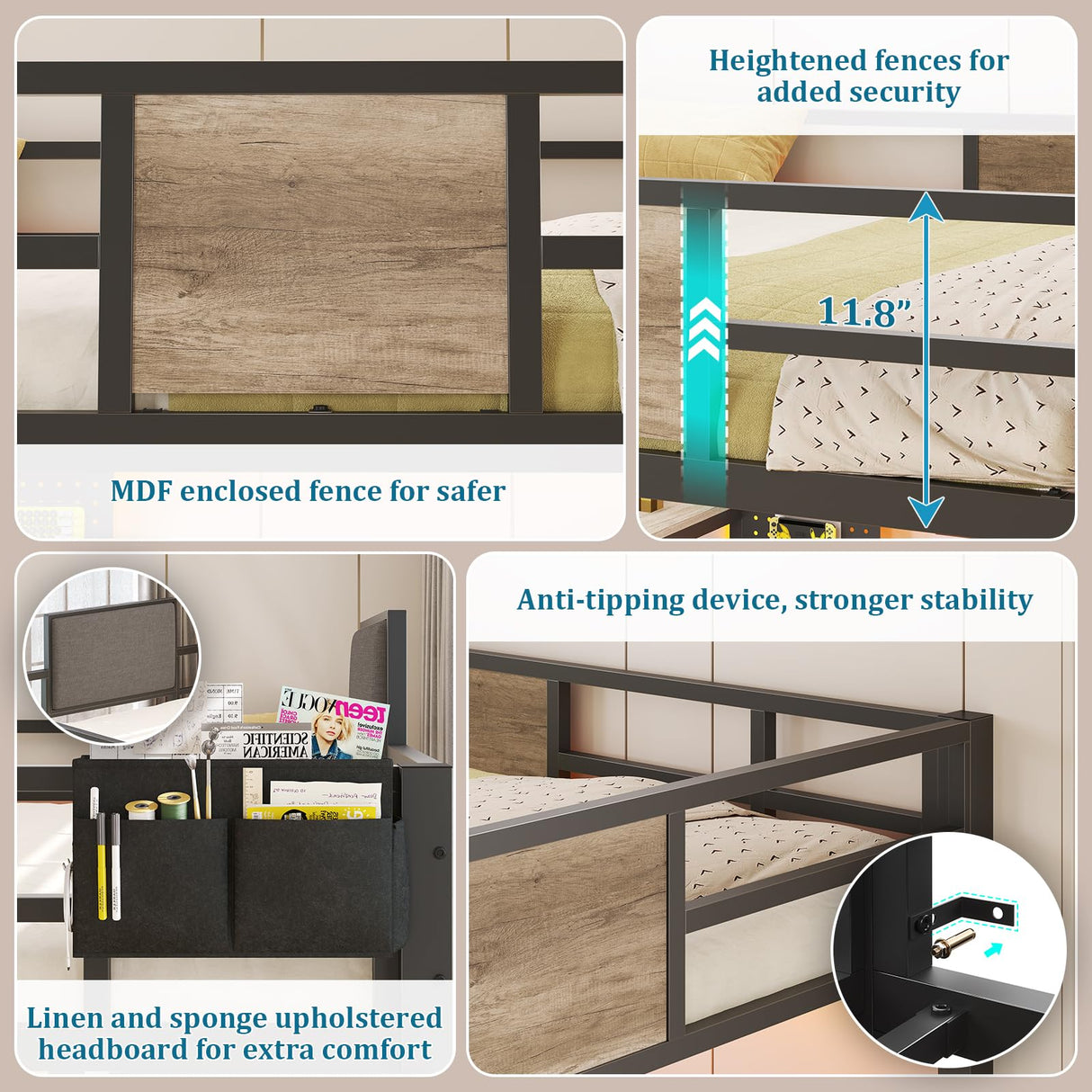 busyaeh Loft Bed Full Size with 5 Drawers & 3 Open Shelves and Charging Station,Full Size Loft Bed with Desk & LED Lights and Thickened Tread Stairs,Loft bed Space-Saving,No Box Spring Needed,Oak Gray busyaeh