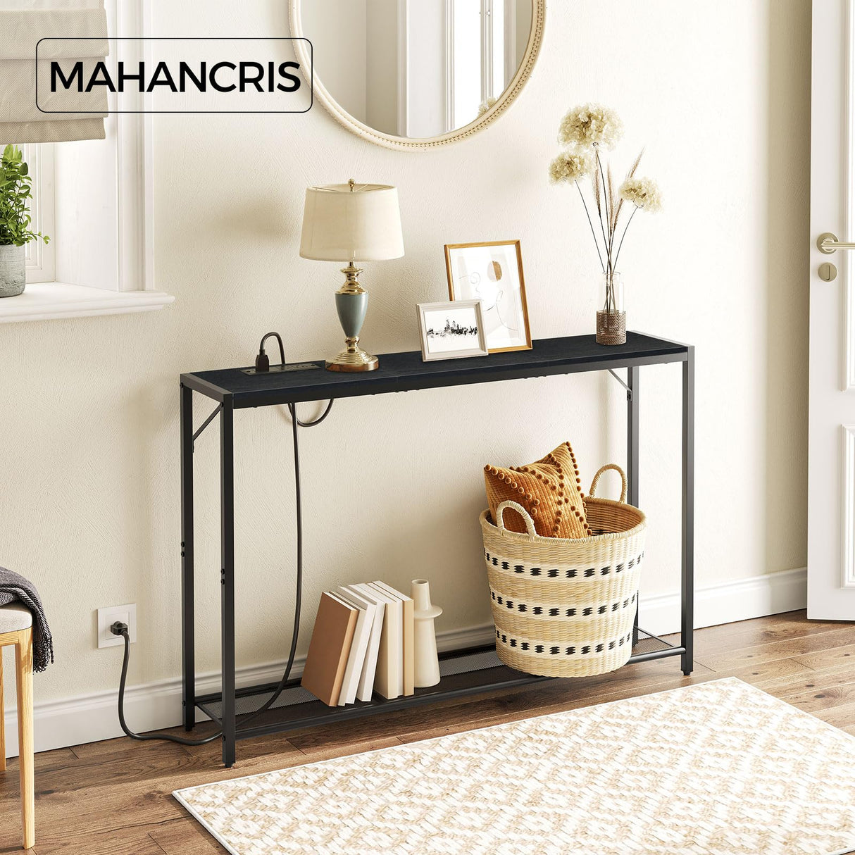 MAHANCRIS Sofa Table with Power Outlet, 43.7" Console Table with USB Ports, Behind Couch Table, Entryway Table for Living Room, Entryway, Foyer, Metal Frame, Adjustable Feet, Black CTHB11E01 MAHANCRIS