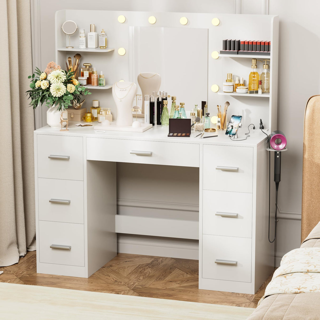 VICTONE Vanity Desk with LED Lighted Mirror&Power Outlet, 3 Model Lights Makeup Vanity Table with 7 Drawers and 6 Storage Shelves for Bedroom and Dressing Room (White) VICTONE