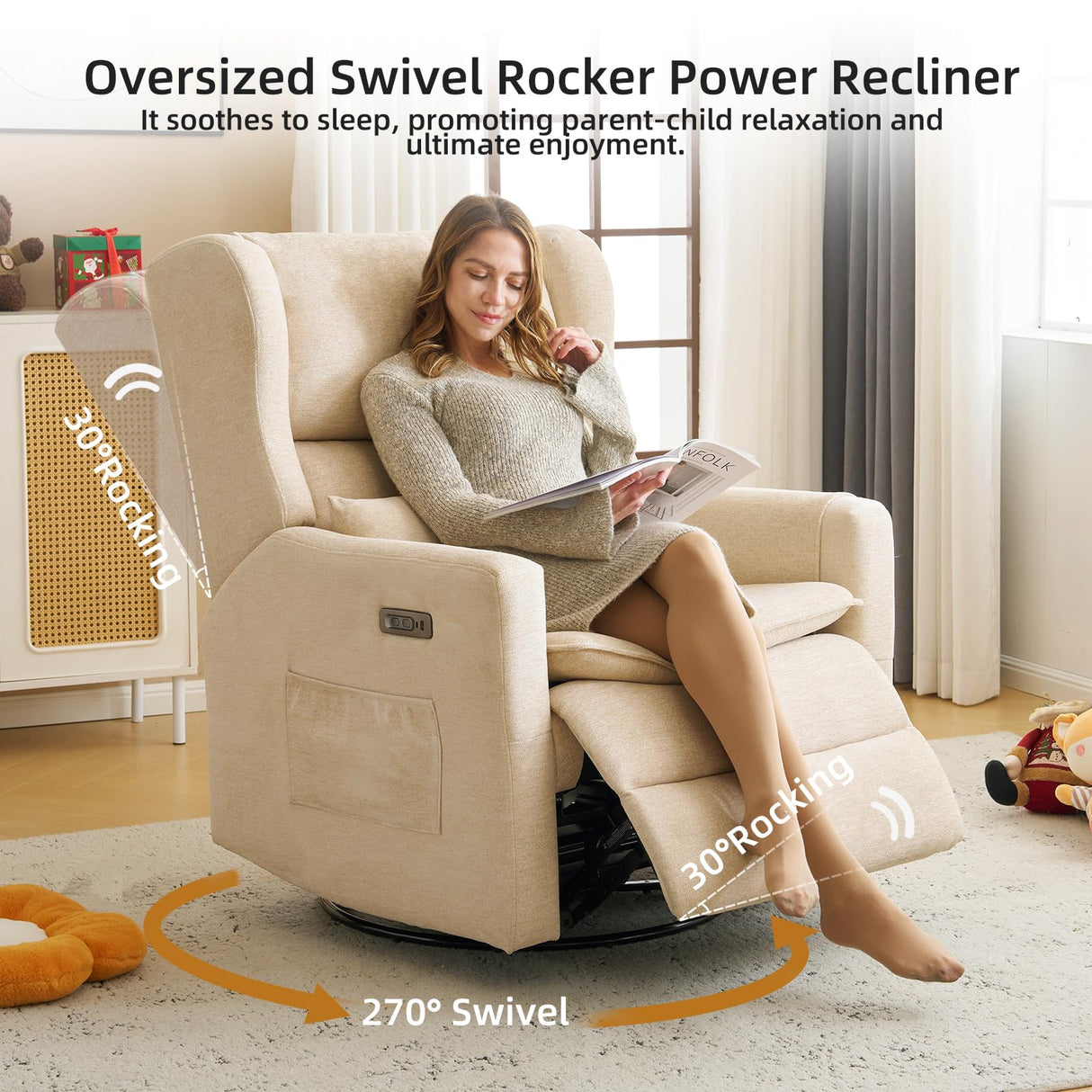 Rhevoy Oversized Swivel Rocker Recliner Chair, 26" Extra Wide Glider Nursery Chair with Adjustable Headrest, Chenille Power Recliner Rocking with Double Cushion, Cup Holder, Beige Rhevoy