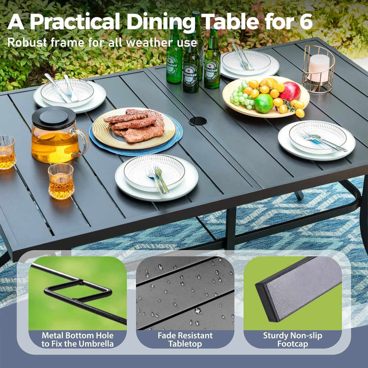 7 Pieces Patio Dining Set, 6 x Woven Rattan Chairs with Waterproof Cushion, 59" Rectangular Metal Dining Table with Umbrella Hole, Outdoor Table and Chairs Set for Backyard Lawn and Deck, Beige SUNSHINE VALLEY