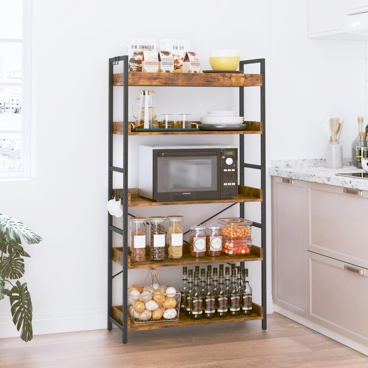 HCHQHS 5 Tier Bookshelf, Adjustable Industrial Bookcase, Vertical Tall Book Shelf, Wood and Black Metal Open Bookshelves for Home Office, Living Room, Bedroom HCHQHS