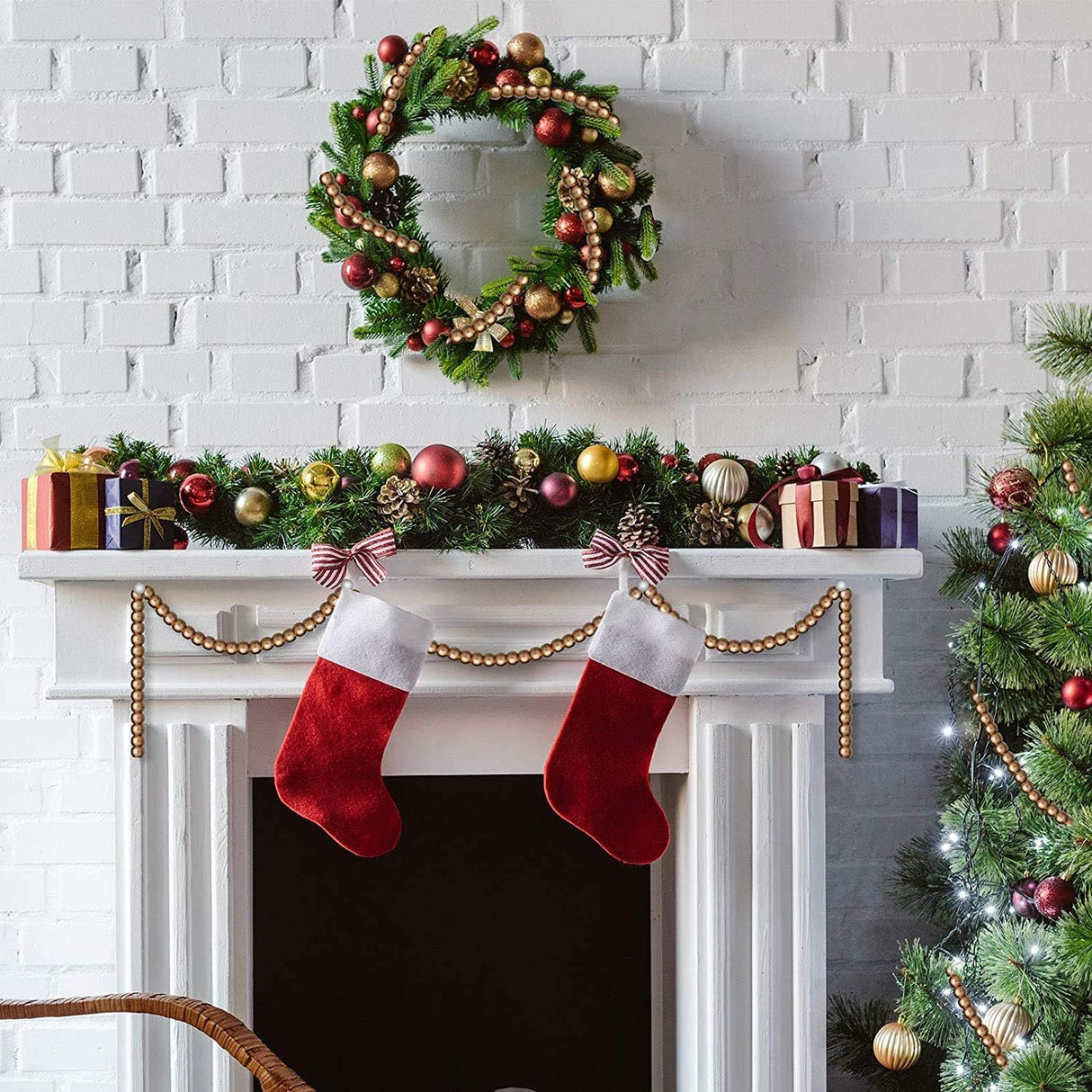 Christmas Wooden Bead Garland Wood Bead Garland Christmas Tree Decorations for Christmas Holiday Favors, 12 Feet (Gold) AMDX