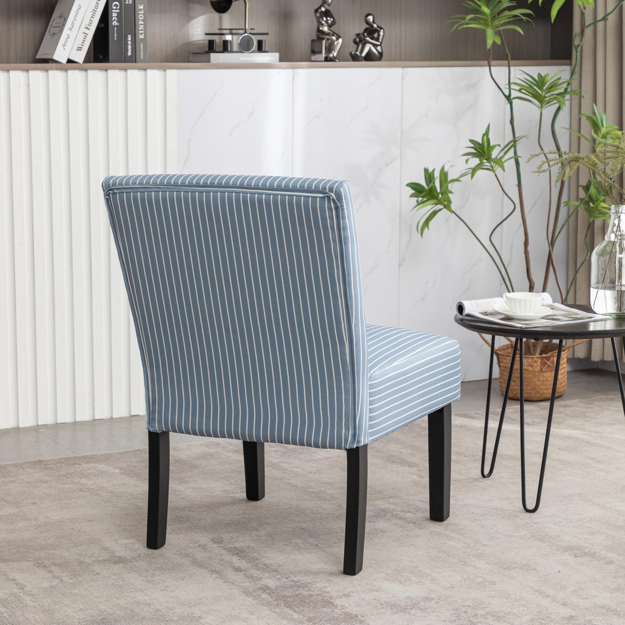 Roundhill Furniture Botticelli Blue Stripe Upholstered Slipper Accent Chair Roundhill Furniture