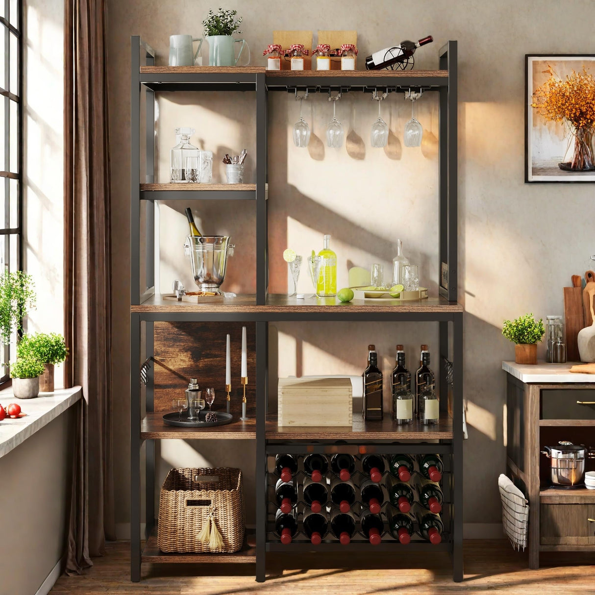 DWVO Large Bakers Rack with Power Outlets and Wine Rack, 35.5 inch 5-Tier Microwave Stand, Coffee Bar with Glasses Holder, Kitchen Storage Shelf with 6 Hooks, for Living Room, Office, Rustic Brown DWVO