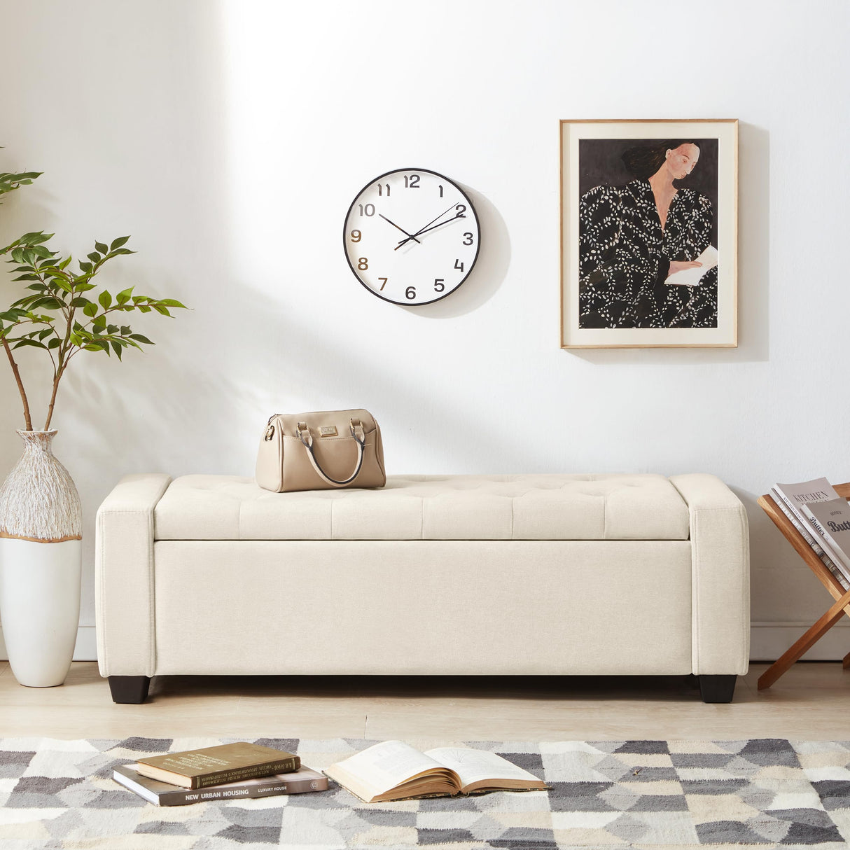 Huatean Home Ottoman with Storage, Storage Ottoman Bench with Safety Hinge, Upholstered Storage Bench with Seating for Bedroom, Living Room, Holds up to 330 lb, Beige Huatean Home