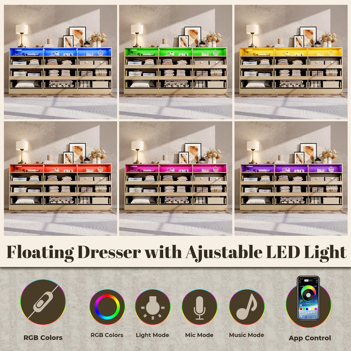 STIKELY 9 Drawer Dresser for Bedroom with Power Outlet and LED Light, Dresser Chest of Drawers for Closet, Modern Dressers Organizer Cabinet for Living Room, Entryway, Hallway STIKELY