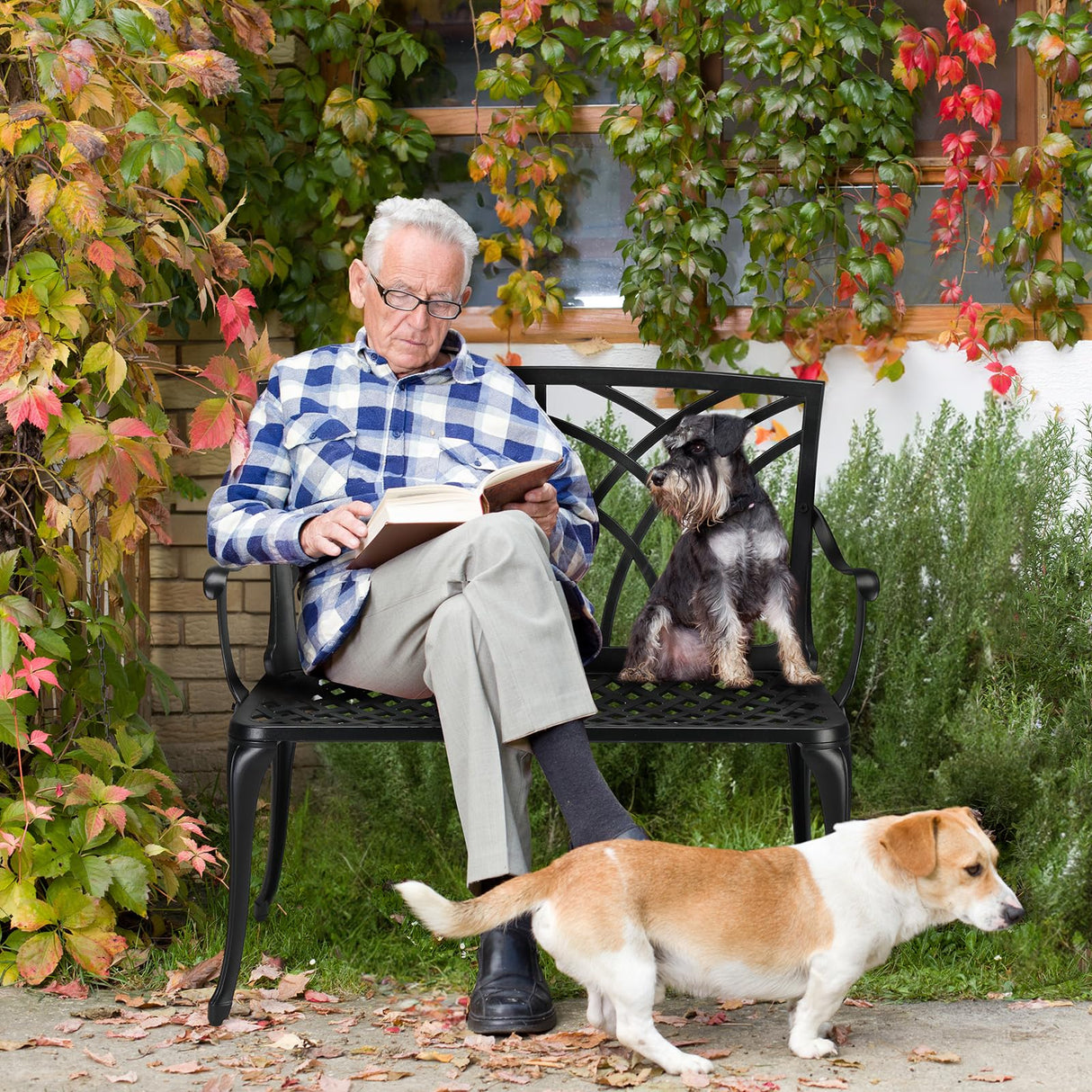 VINGLI 38" Outdoor Bench Cast Aluminium Garden Bench, Orchid Porch Bench Patio Bench Deck Furniture for 1-2 Person Seat (Black) VINGLI