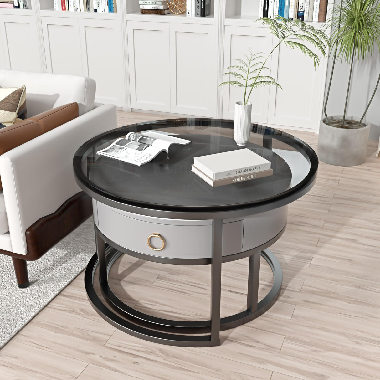 Jerry & Maggie Ø 27.5" Modern Nesting Coffee Table Set of 2, Round Glass Coffee Table & Side Table with Drawer, Tempered Glass & Leather Upholstery, Coffee Tables for Living Room, Small Space Friendly Jerry & Maggie
