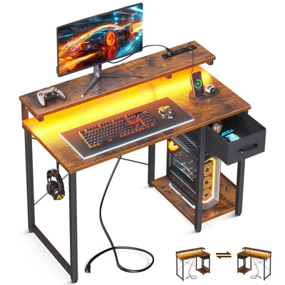 AODK Gaming Desk with LED Lights & Power Outlet, 40 Inch Computer Desk with Drawer, Reversible Desk with Monitor Shelf & Headphone Hook for Home Office