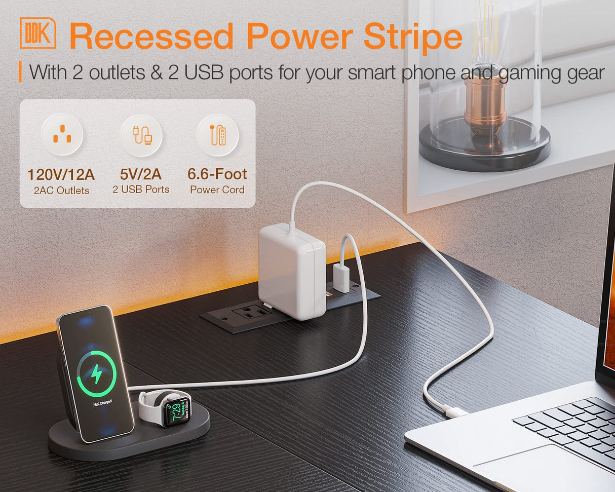 ODK 55 Inch Small L Shaped Computer Desk with Power Outlets, Corner Desk with PC Stand & Reversible Storage Shelves for Small Space Home Office Workstation, Modern Simple Writing Study Table, Black ODK