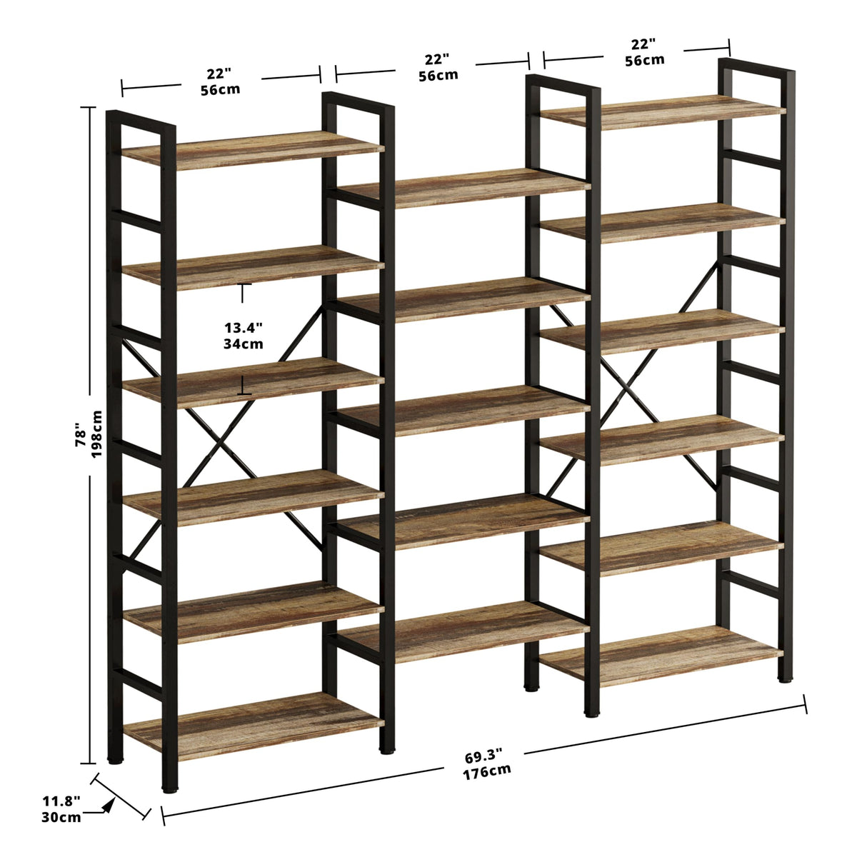 IRONCK Bookshelves 6 Tiers Triple Wide Industrial Bookshelf, Large Etagere Bookshelf Open Display Shelves with Metal Frame for Living Room Bedroom Home Office IRONCK