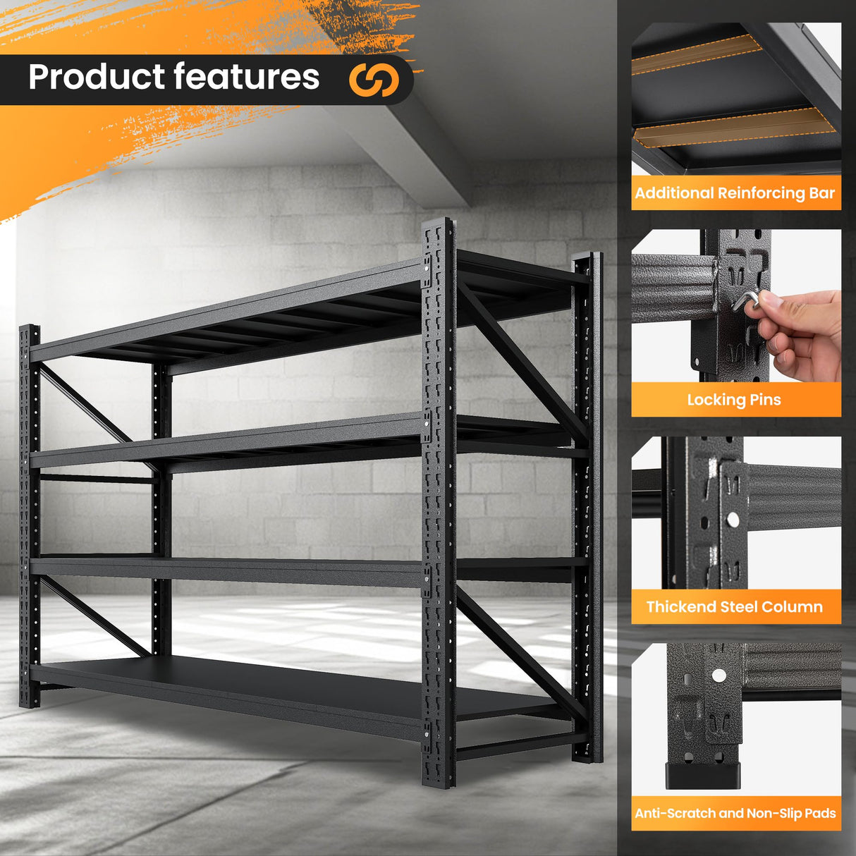 75” W Heavy Duty Metal Shelf, 8000LBS Metal Garage Shelving Units, 4 Tier Storage rack shelves, Steel Industrial Shelving , Adjustable Standing Shelf for Basement/Warehouse 75"W x 24"D x 70"H, Black AFAIF