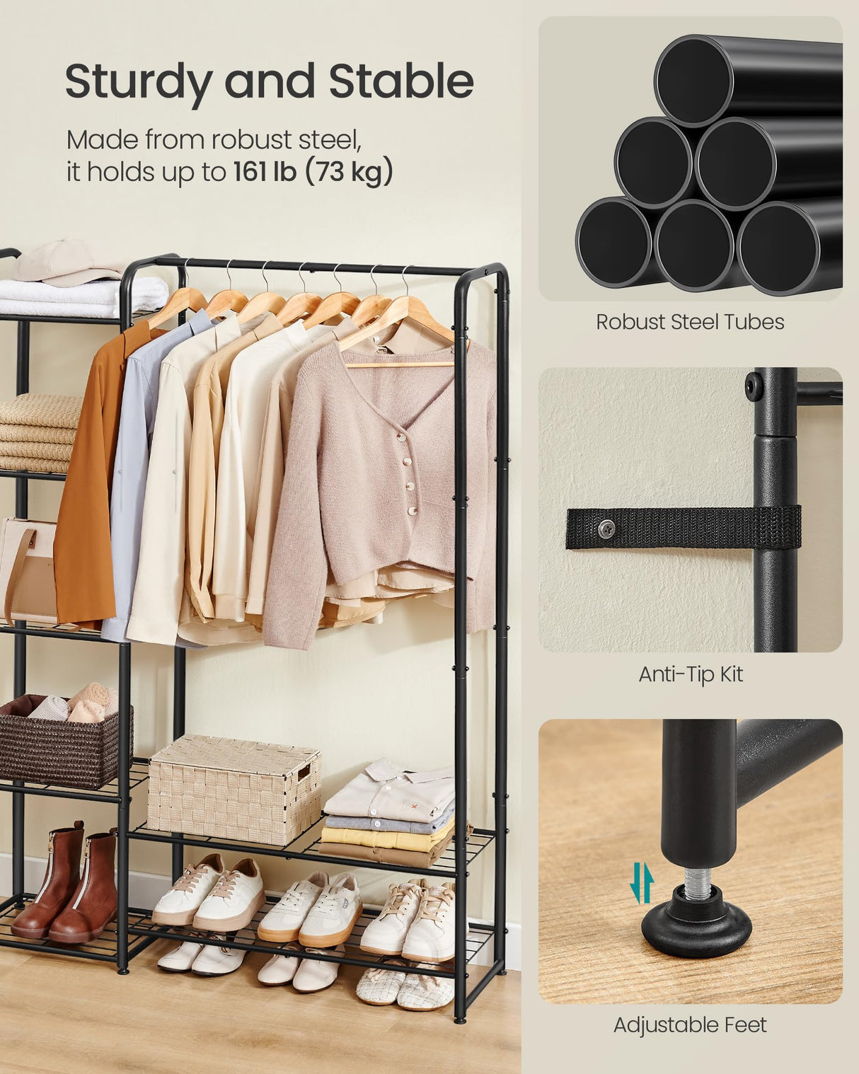 SONGMICS Wardrobe Closet, 44.1 Inch Large Portable Closet, Clothes Rack for Hanging Clothes,Heavy Duty Garment Rack, Storage Organizer with Shelves, 44.1 x 11.4 x 62.4 Inches, Black ULGR462B01 SONGMICS