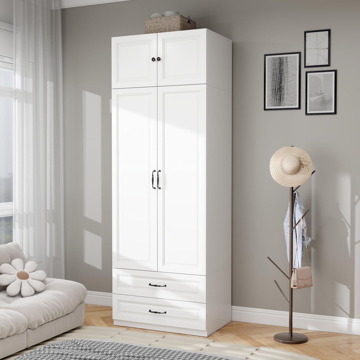 Armoire Wardrobe Closet with Doors: 89" Extra Tall White Wardrobe with Storage on Top, Bedroom Armoires with 2 Doors and 2 Drawers, Large Wood Closet Armoire for Hanging Clothes (A, 31.5") LABROSKIA