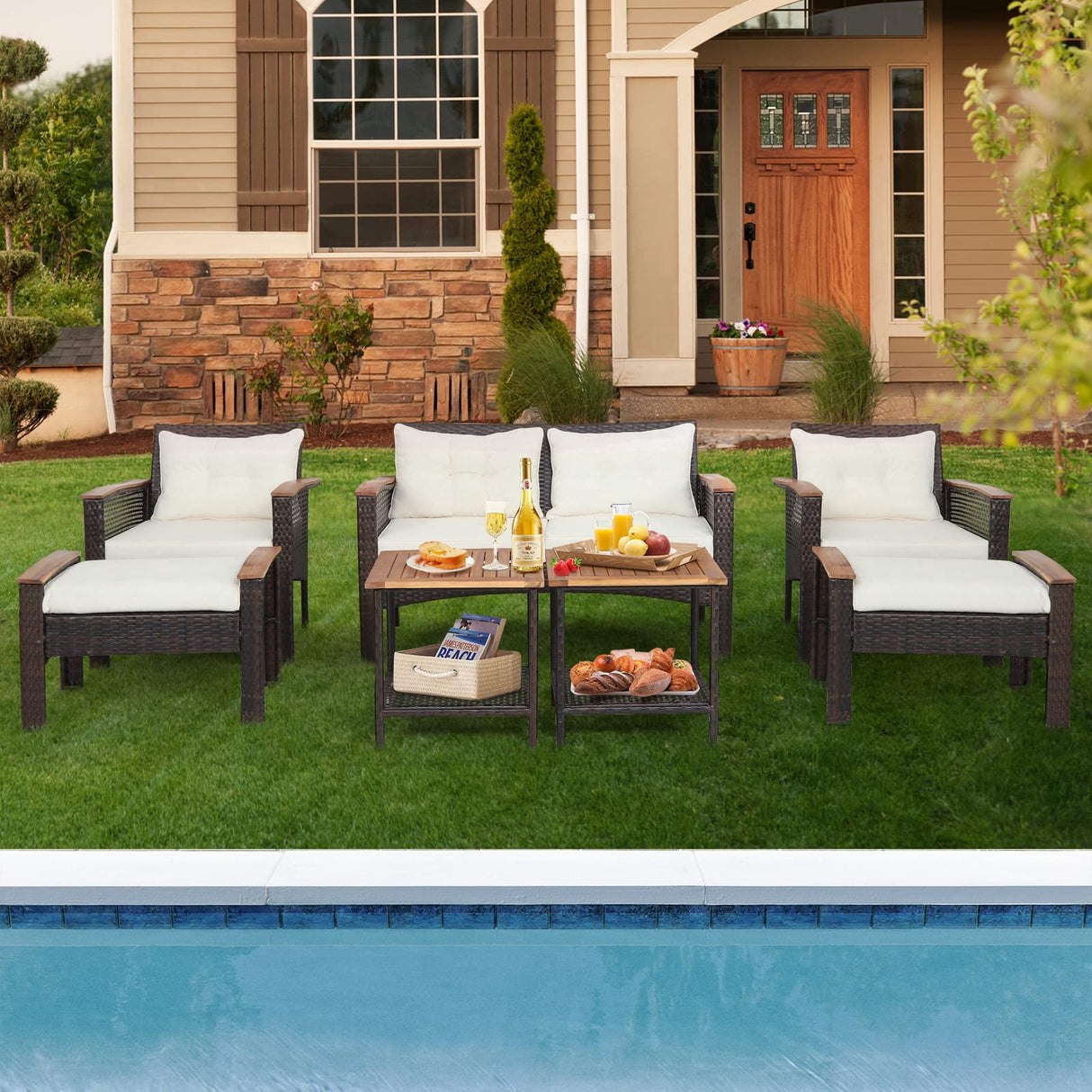 HAPPYGRILL 7 Piece Patio Furniture Set Rattan Sofa Set Outdoor Wicker Conversation Set with 2 Ottomans & 2 Coffee Tables with Bottom Shelf Acacia Wood Tabletop Seat & Back Cushions HAPPYGRILL