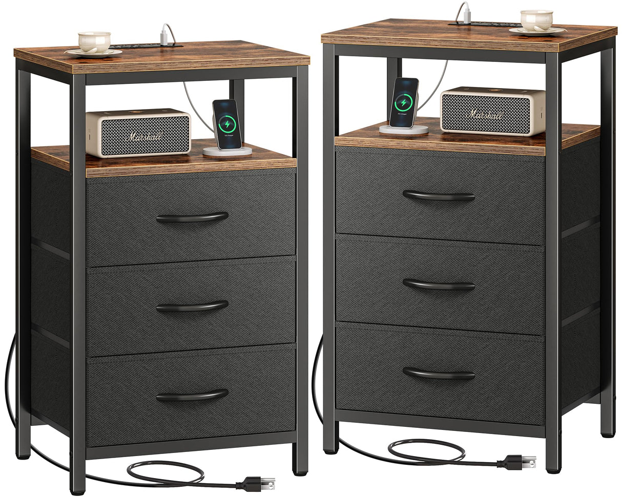 Huuger Nightstands Set of 2, 27.6 Inch End Tables with Charging Station, Fabric Drawers, Bedside Tables with USB-C Port and Outlet, Night Stands for Bedroom, Rustic Brown and Black Huuger