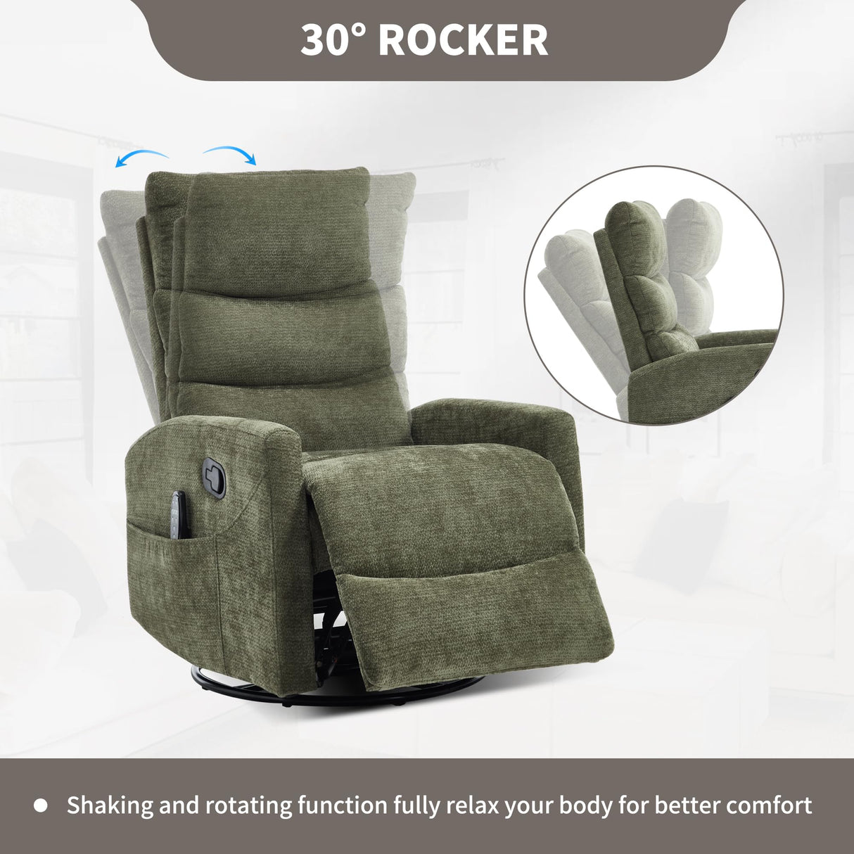 PELUMY Manual Recliner Chair with Heat & Vibration Massage, 360° Swivel Rocker Recliner with 155° Recline and Lumbar Heat, Compact Recliner for Living Room & Small Spaces (Chenille, Green) PELUMY
