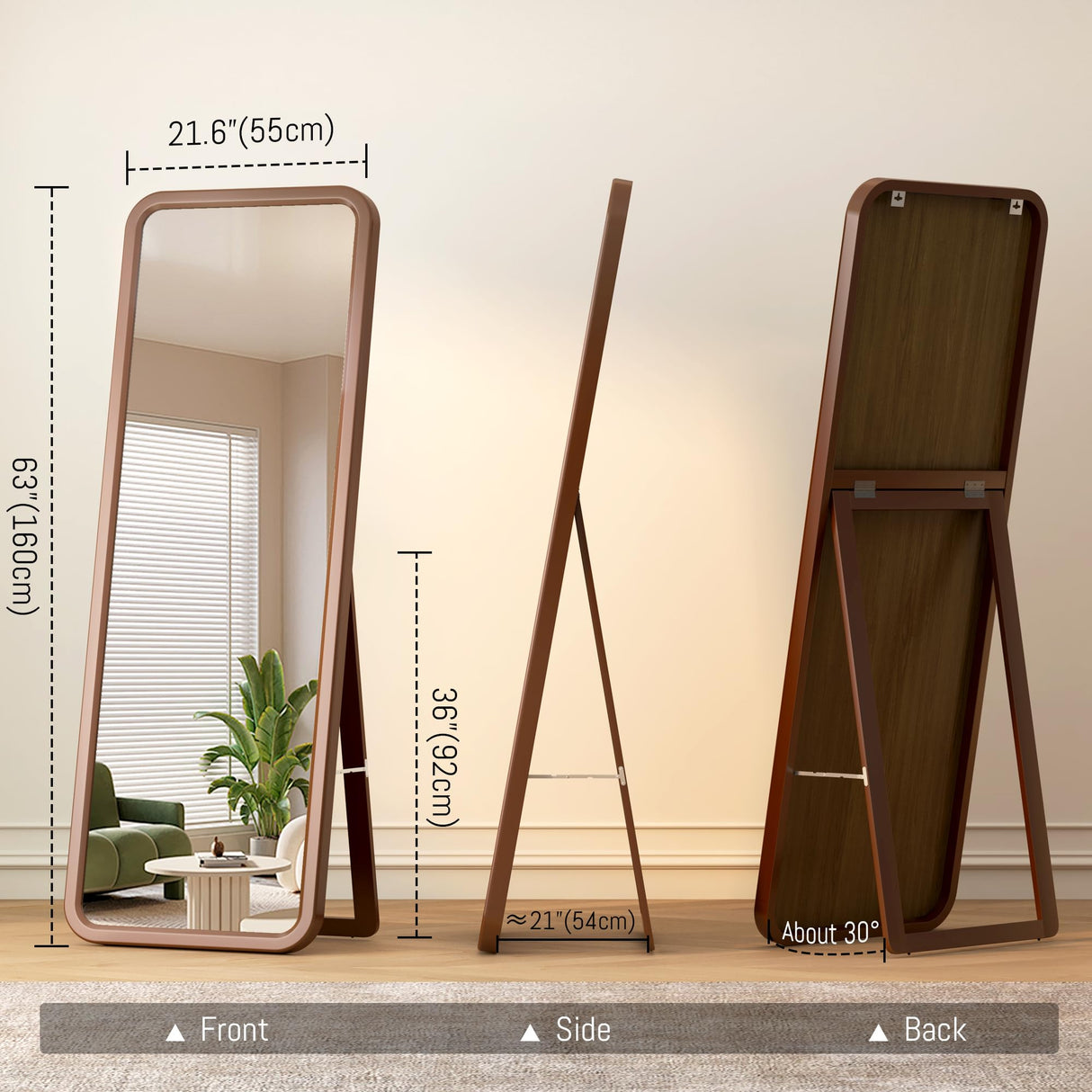 LVSOMT 63"×22" Solid Wooden Full Length Mirror, Wood Full Body Mirror, Large Standing Floor Mirror, Stand-up or Wall-Mounted, Dressing Mirror for Bedroom, Rustic Mirror, Walnut LVSOMT