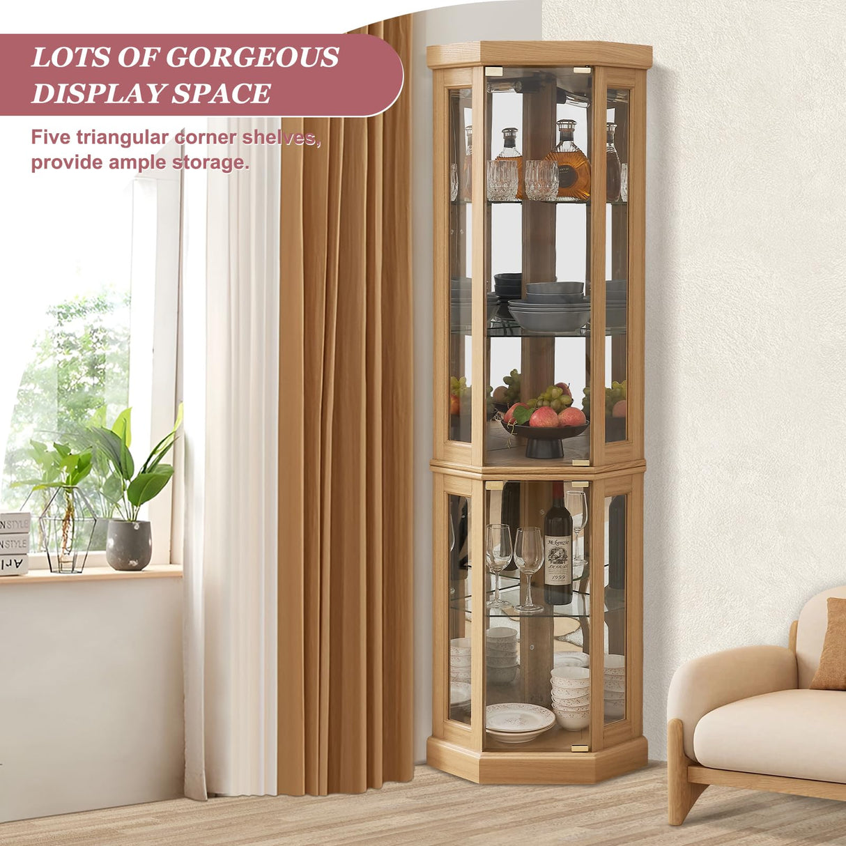 XUWANSHANG Corner Curio Cabinets,Lighted 3-Side Glass Display Curio Cabinet, Curved Wood Corner Cabinet,Curio Cabinets with Glass Doors,Adjustable Shelves,Curio Cabinet for Living Room,Light Oak XUWANSHANG