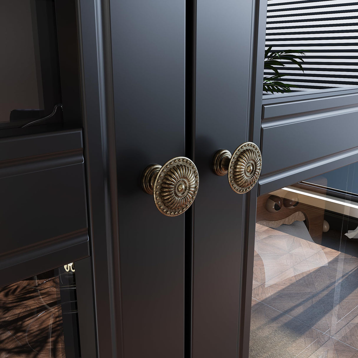 Hitow Curio Cabinet with Glass Doors, Arched Display Cabinet with Drawers & Solid Pine Legs, 34.6" W Arch Bookcase, 5-Tier Black Display Case for Collectibles, Living Room Hitow