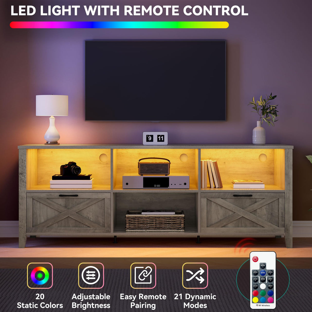 YITAHOME 70 Inch Farmhouse TV Stand with LED Lighting, Fits TVs up to 80 Inches, Media Console with Storage and Customizable Divider, Entertainment Center for Living Room (Grey) YITAHOME