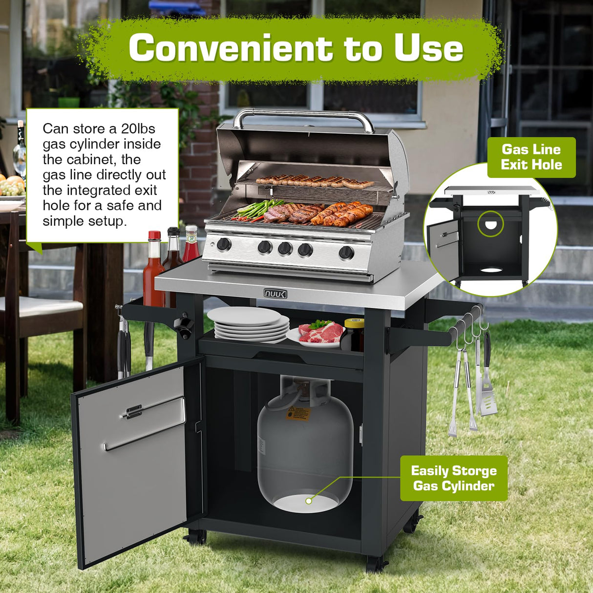 NUUK Grill Carts Outdoor with Enclosed Cabinet and Storage Drawer, Portable Patio Bar Cart with Wheels Stainless Steel Kitchen Storage Island 20" x 30" Rolling Prep Station for BBQ, Deck, Backyard NUUK