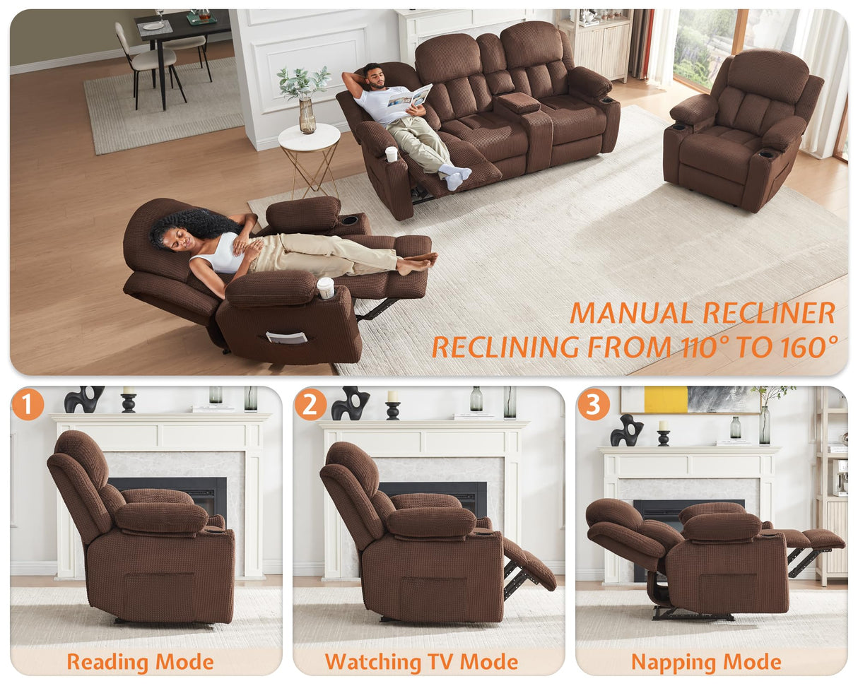 Jocisland Recliner Couch, Reclining Sofa with Cup Holders, 3 Seater Reclining Couch with Dual Wingback, Comfy Recliner Sofas for Living Room(Brown) Jocisland